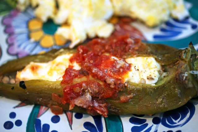 roasted stuffed anaheim chile pepper with scrambled eggs